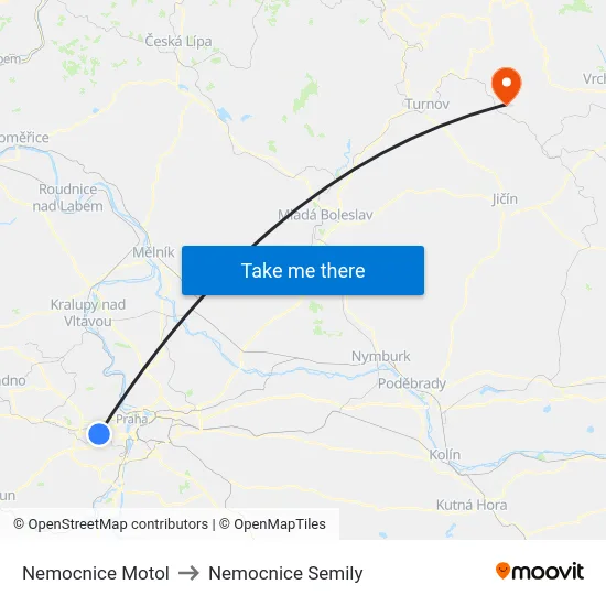 Nemocnice Motol to Nemocnice Semily map