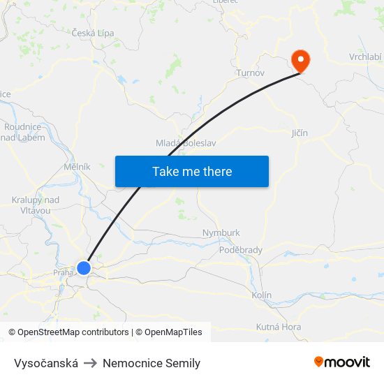 Vysočanská to Nemocnice Semily map