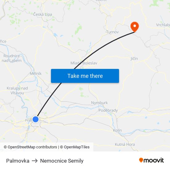 Palmovka to Nemocnice Semily map