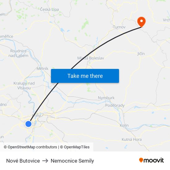 Nové Butovice to Nemocnice Semily map