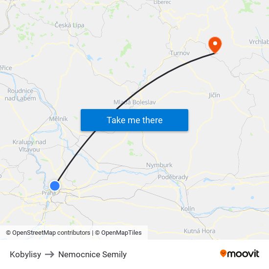 Kobylisy to Nemocnice Semily map