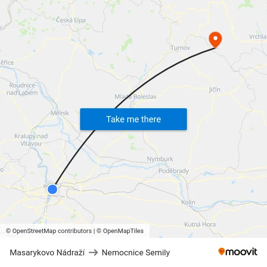 Masarykovo Nádraží to Nemocnice Semily map