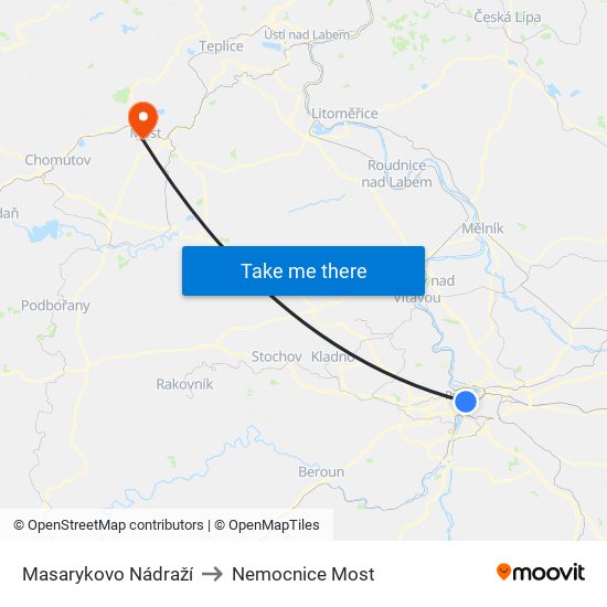 Masarykovo Nádraží to Nemocnice Most map