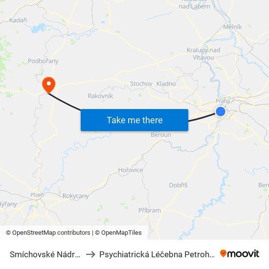 Smíchovské Nádraží to Psychiatrická Léčebna Petrohrad map