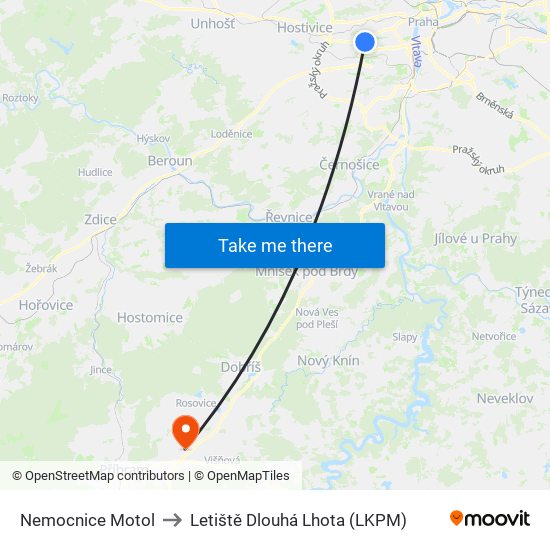 Nemocnice Motol to Letiště Dlouhá Lhota (LKPM) map