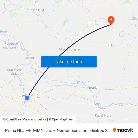 Praha Hl.N. to MMN, a.s. – Nemocnice s poliklinikou Semily map