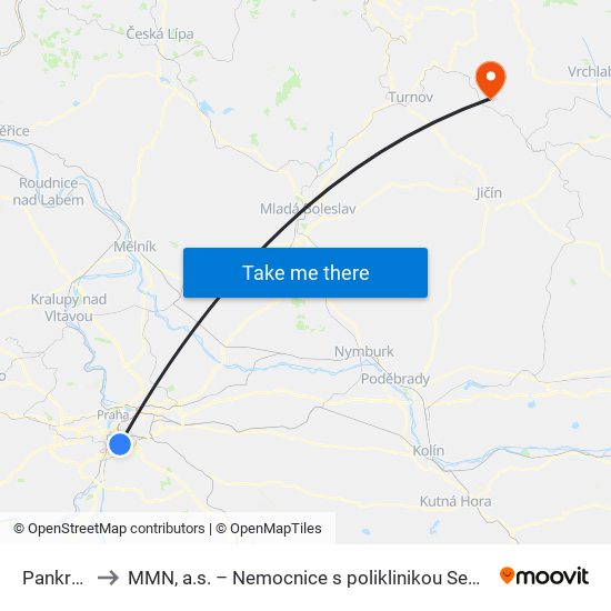 Pankrác to MMN, a.s. – Nemocnice s poliklinikou Semily map