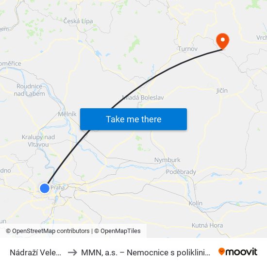 Nádraží Veleslavín to MMN, a.s. – Nemocnice s poliklinikou Semily map