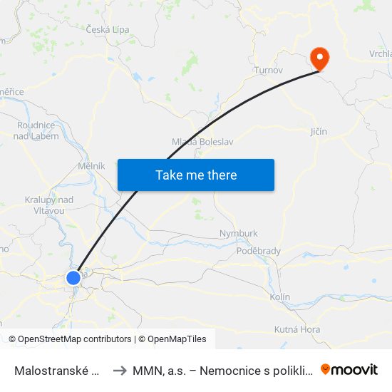 Malostranské Náměstí (B) to MMN, a.s. – Nemocnice s poliklinikou Semily map