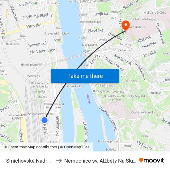 Smíchovské Nádraží to Nemocnice sv. Alžběty Na Slupi map