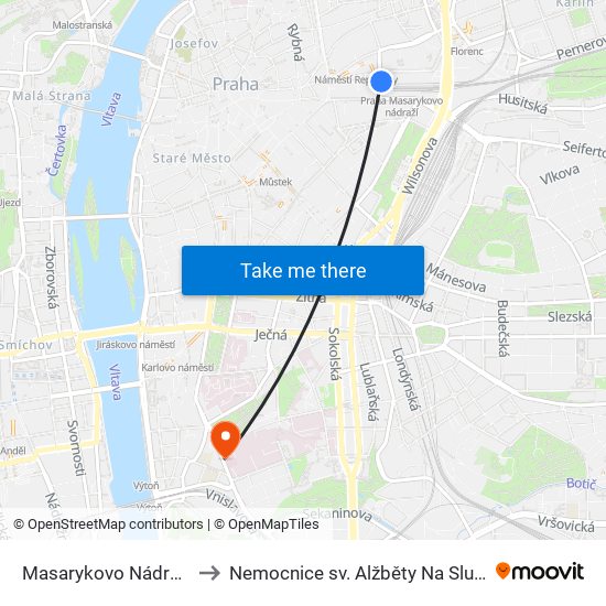 Masarykovo Nádraží to Nemocnice sv. Alžběty Na Slupi map