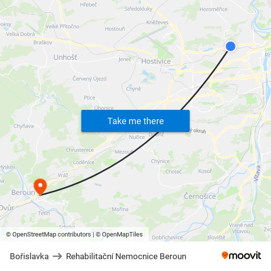 Bořislavka to Rehabilitační Nemocnice Beroun map