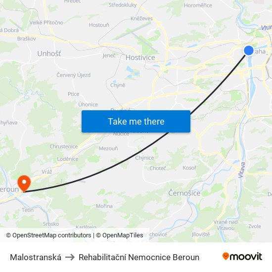 Malostranská to Rehabilitační Nemocnice Beroun map