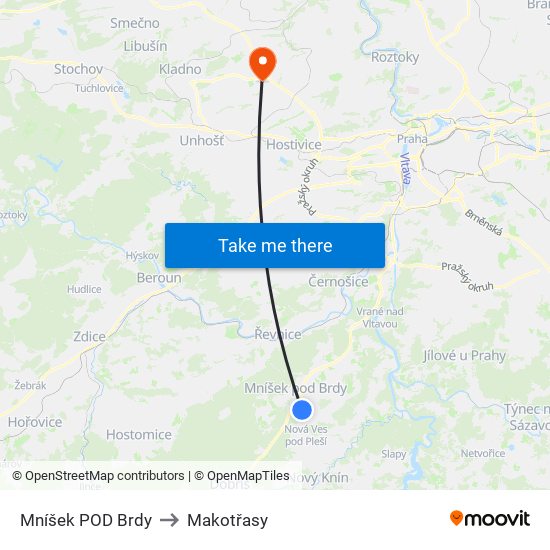 Mníšek POD Brdy to Makotřasy map