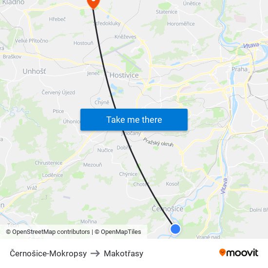 Černošice-Mokropsy to Makotřasy map