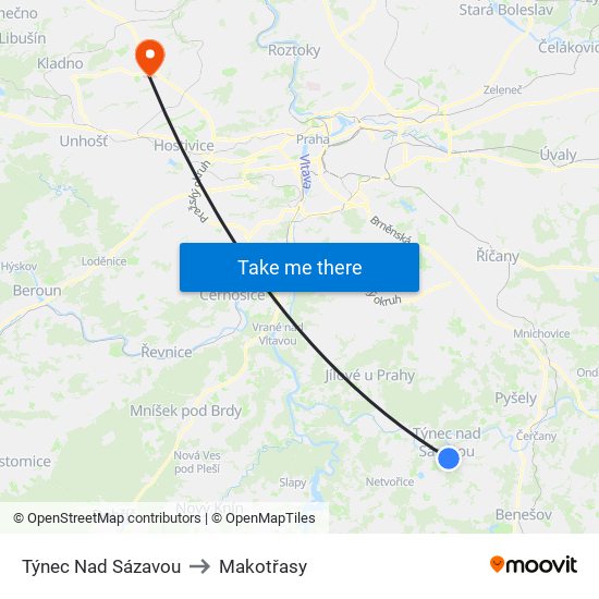 Týnec Nad Sázavou to Makotřasy map