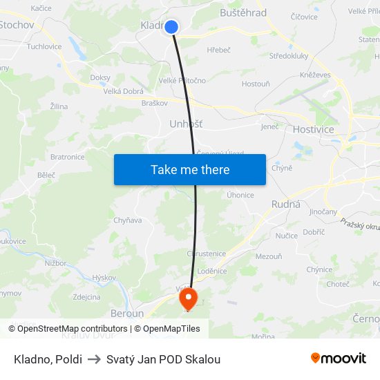 Kladno, Poldi (B) to Svatý Jan POD Skalou map