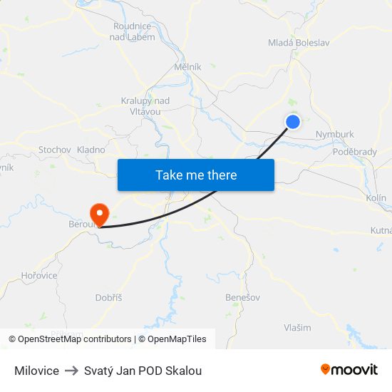 Milovice to Svatý Jan POD Skalou map