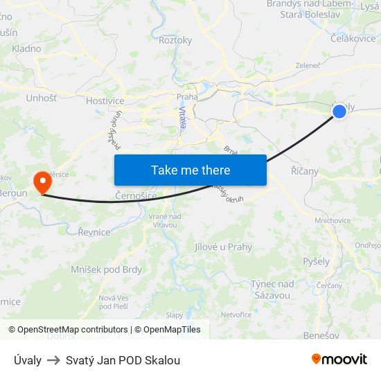 Úvaly to Svatý Jan POD Skalou map