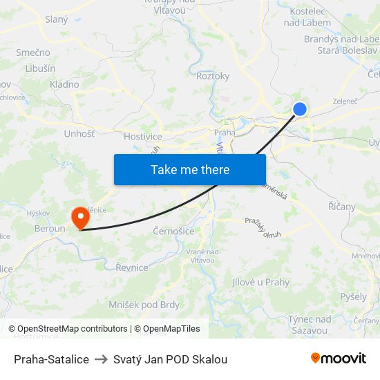 Praha-Satalice to Svatý Jan POD Skalou map