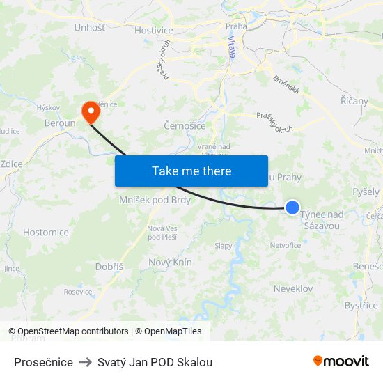 Prosečnice to Svatý Jan POD Skalou map