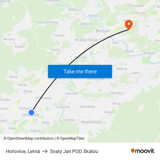 Hořovice, Letná to Svatý Jan POD Skalou map