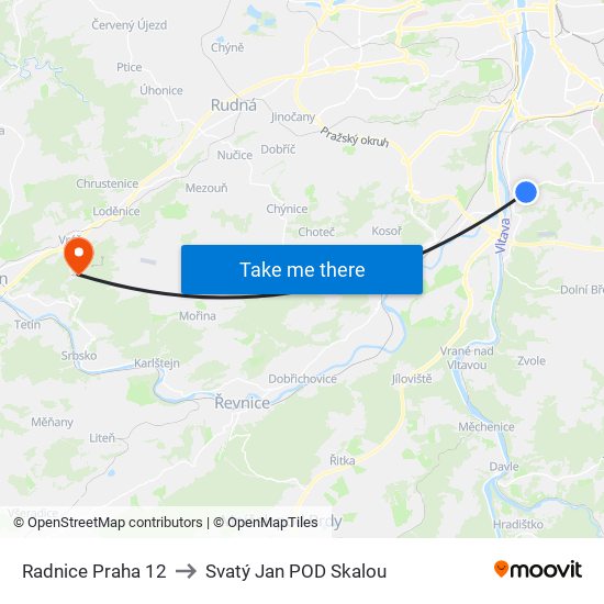 Radnice Praha 12 to Svatý Jan POD Skalou map