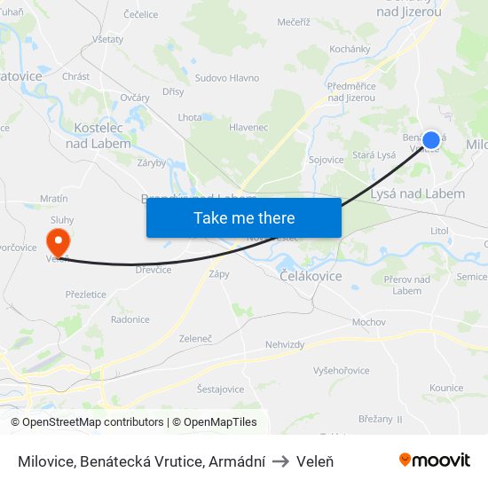 Milovice, Benátecká Vrutice, Armádní to Veleň map