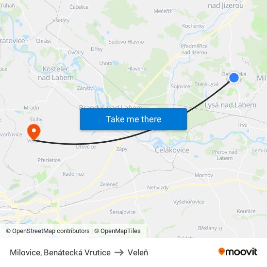 Milovice, Benátecká Vrutice to Veleň map