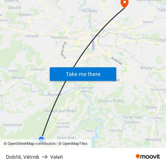 Dobříš, Větrník to Veleň map