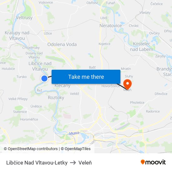 Libčice Nad Vltavou-Letky to Veleň map