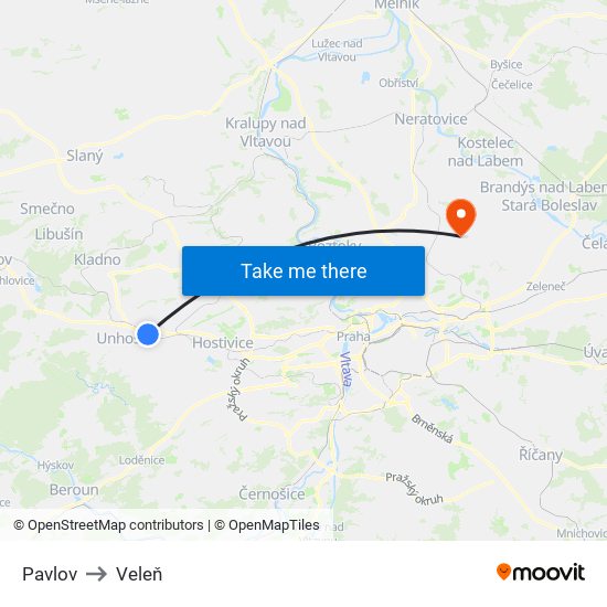 Pavlov to Veleň map