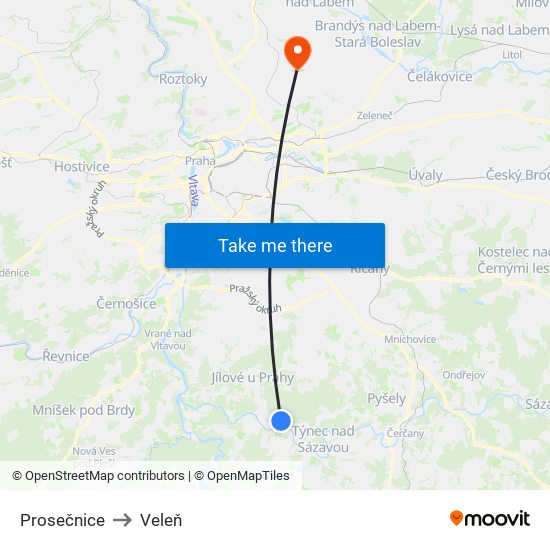 Prosečnice to Veleň map