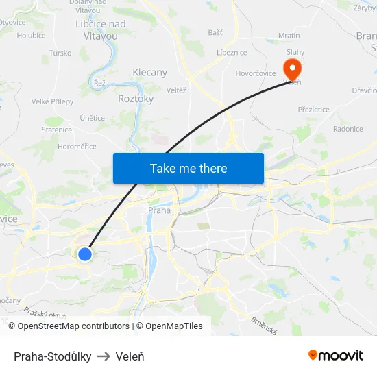 Praha-Stodůlky to Veleň map