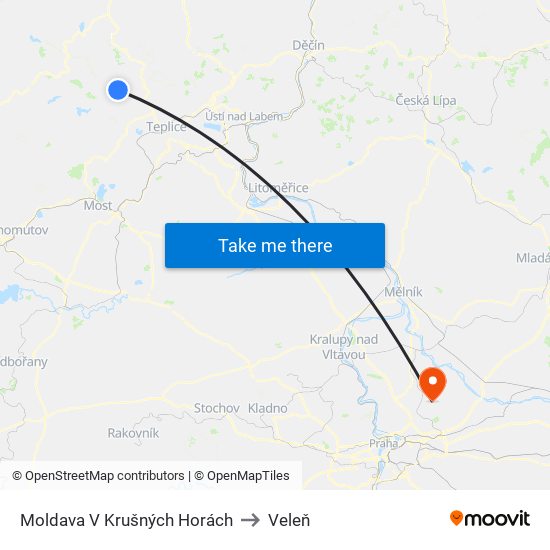 Moldava V Krušných Horách to Veleň map