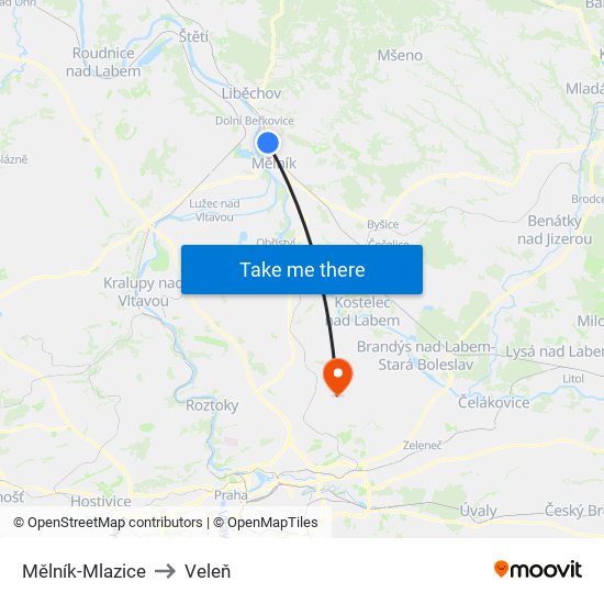 Mělník-Mlazice to Veleň map