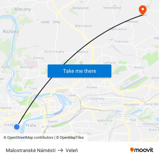 Malostranské Náměstí to Veleň map