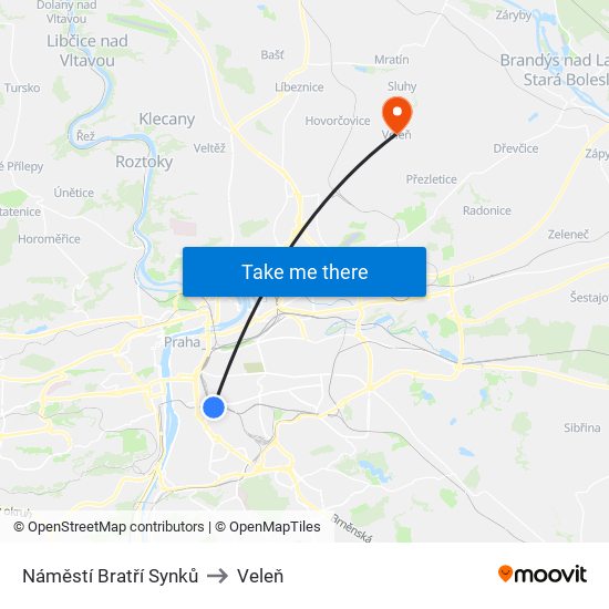 Náměstí Bratří Synků to Veleň map