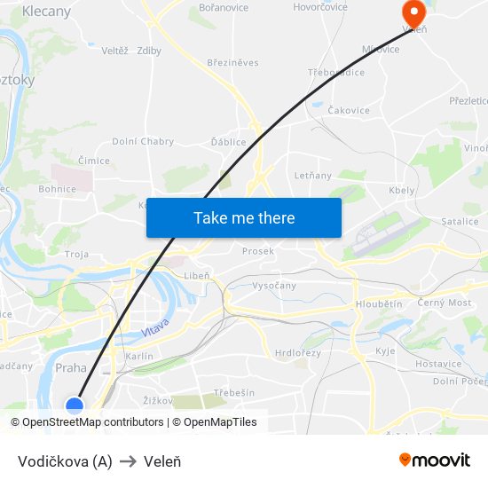 Vodičkova (A) to Veleň map