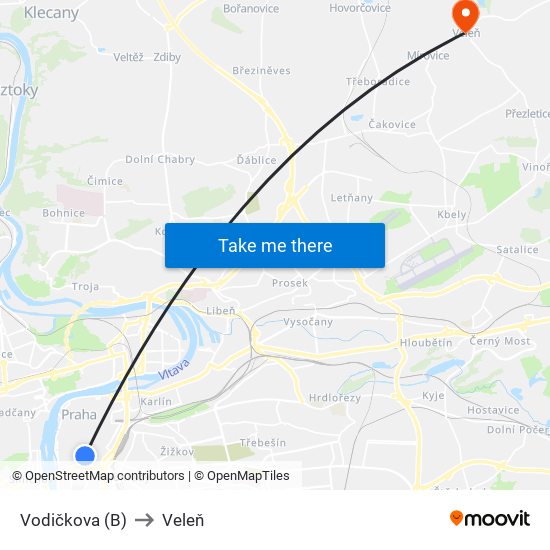 Vodičkova (B) to Veleň map