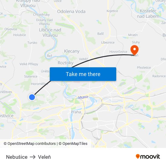 Nebušice to Veleň map