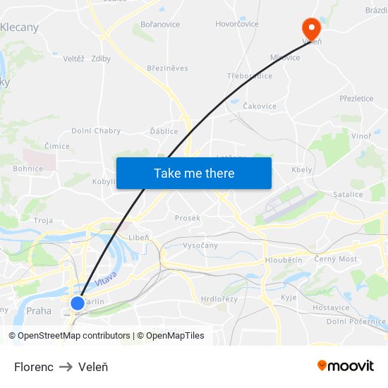 Florenc to Veleň map