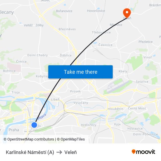 Karlínské Náměstí (A) to Veleň map