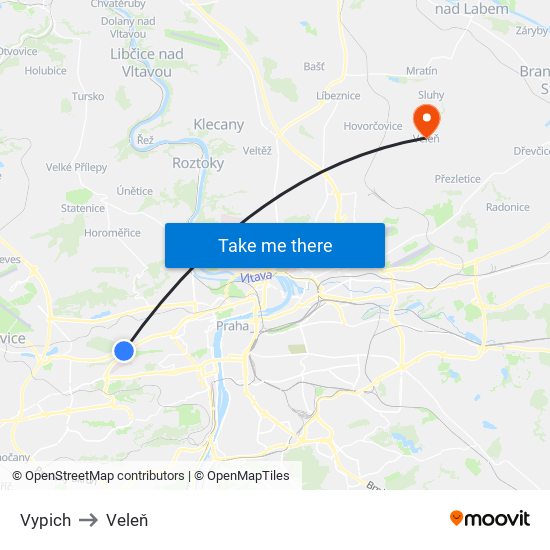 Vypich to Veleň map