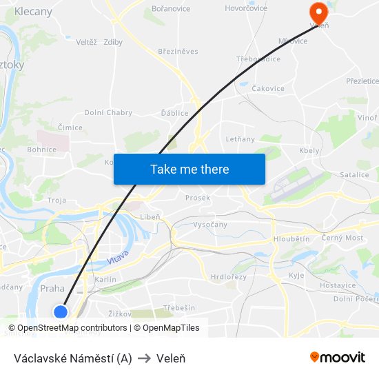 Václavské Náměstí (A) to Veleň map