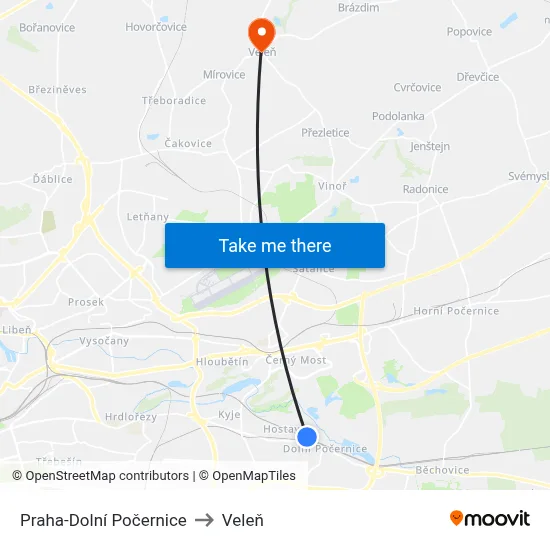 Praha-Dolní Počernice to Veleň map