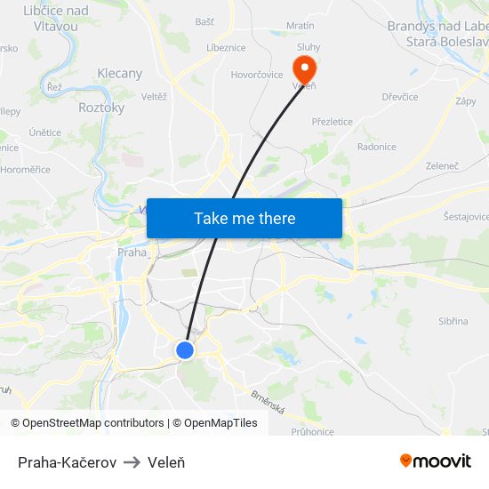 Praha-Kačerov to Veleň map