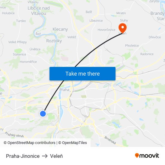 Praha-Jinonice to Veleň map