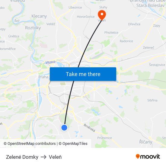 Zelené Domky to Veleň map