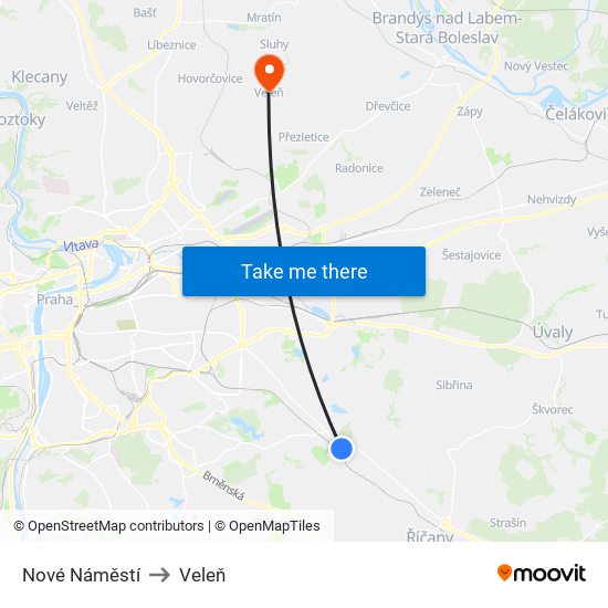 Nové Náměstí to Veleň map